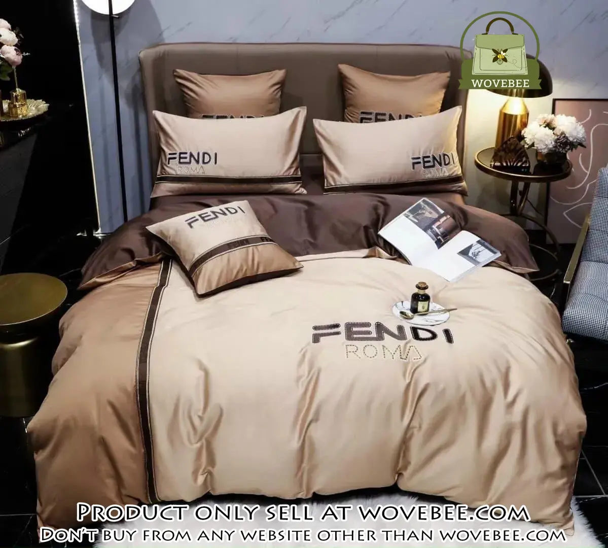 Fendi roma brown premium luxury brand bedding set duvet cover home decor special gift wvb4822829